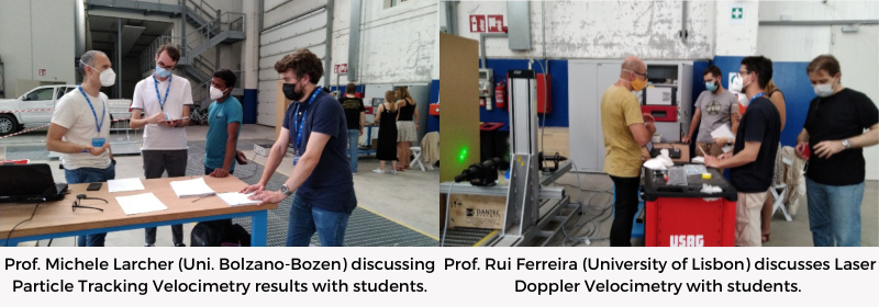 Lab session. Prof. Michele Larcher (University of Bolzano-Bozen) discussing Particle Tracking Velocimetry results with students | Lab session. Prof. Rui Ferreira (University of Lisbon) discuss Laser Doppler Velocimetry with students. 