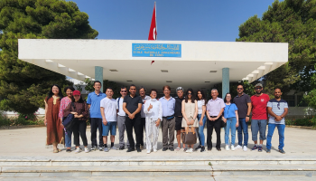 Group photo at the main entrance of the National School of Engineering of Tunis. Tunis, Tunisia. 